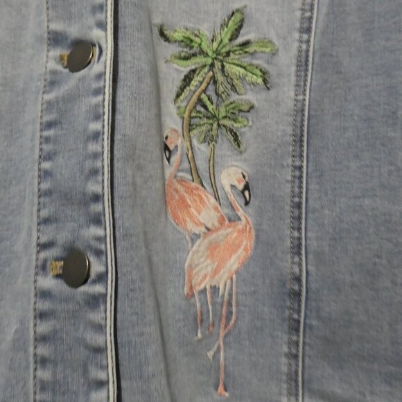 CHICO'S | size 3 | Button-Up Front Blue Denim Jacket | Flamingo Front and Back - Picture 7 of 16